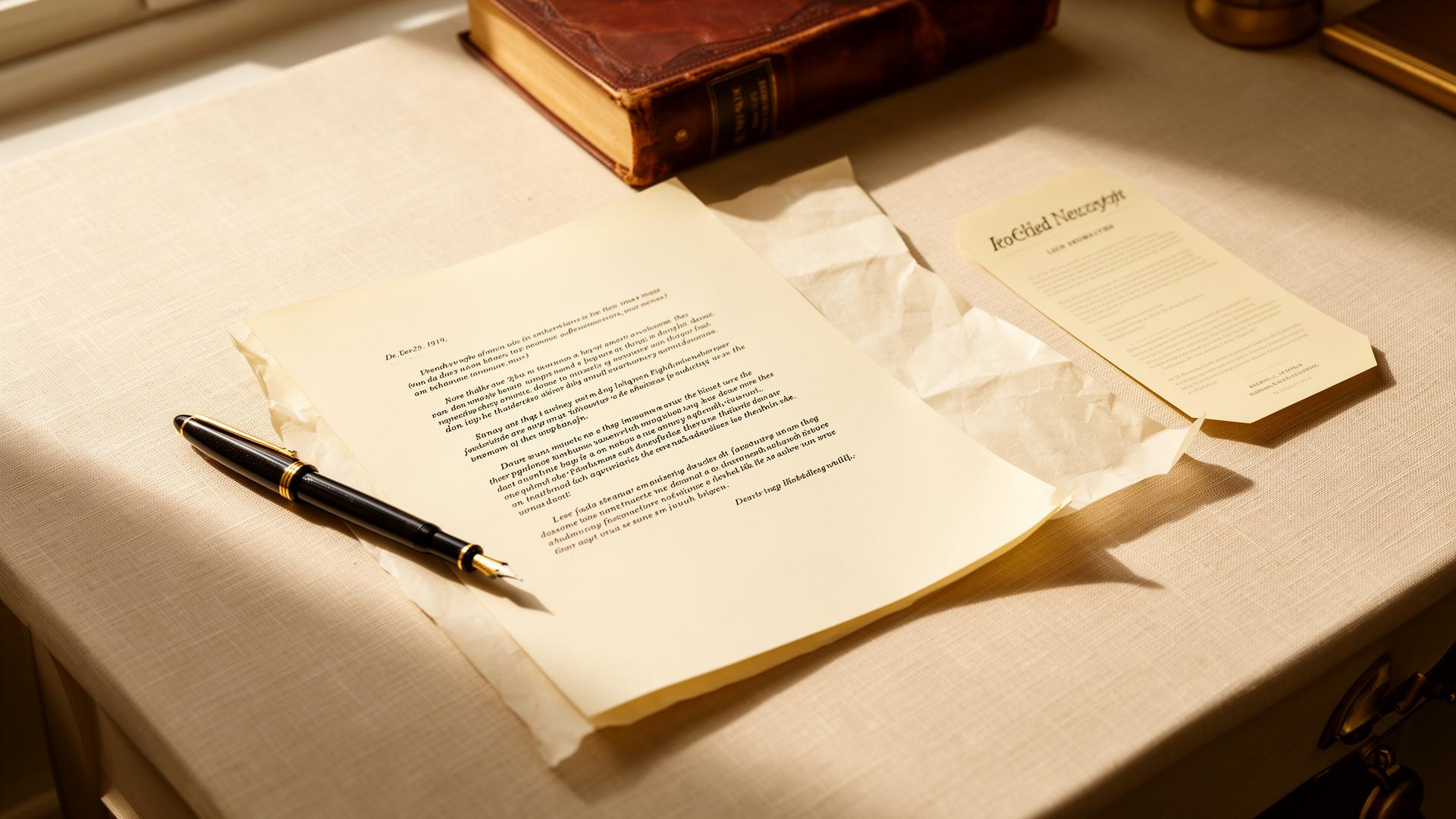 A writing desk with an open letter, fountain pen, and leather book in warm natural light