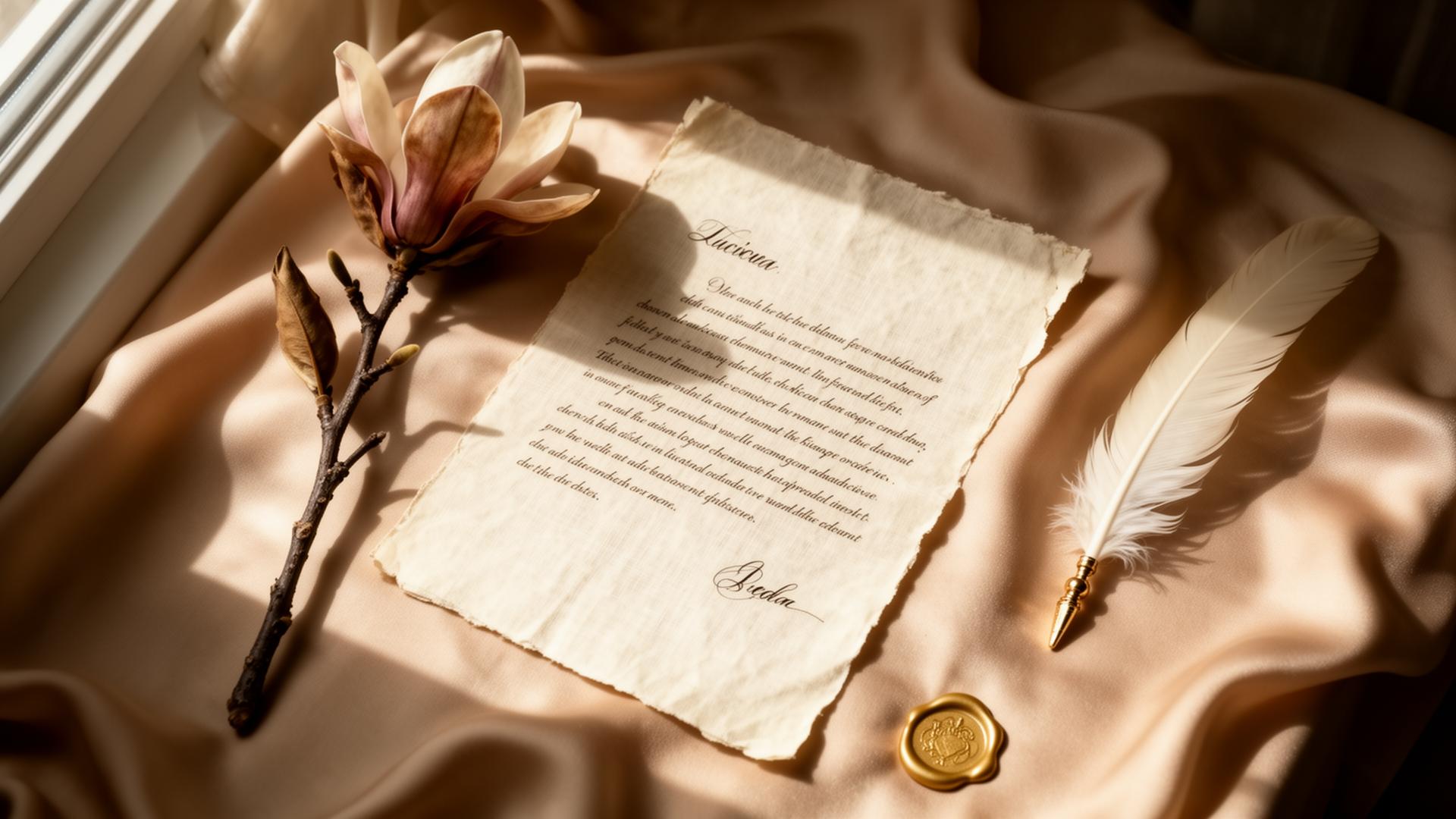 Handwritten letter on warm beige silk with magnolia and gold wax seal